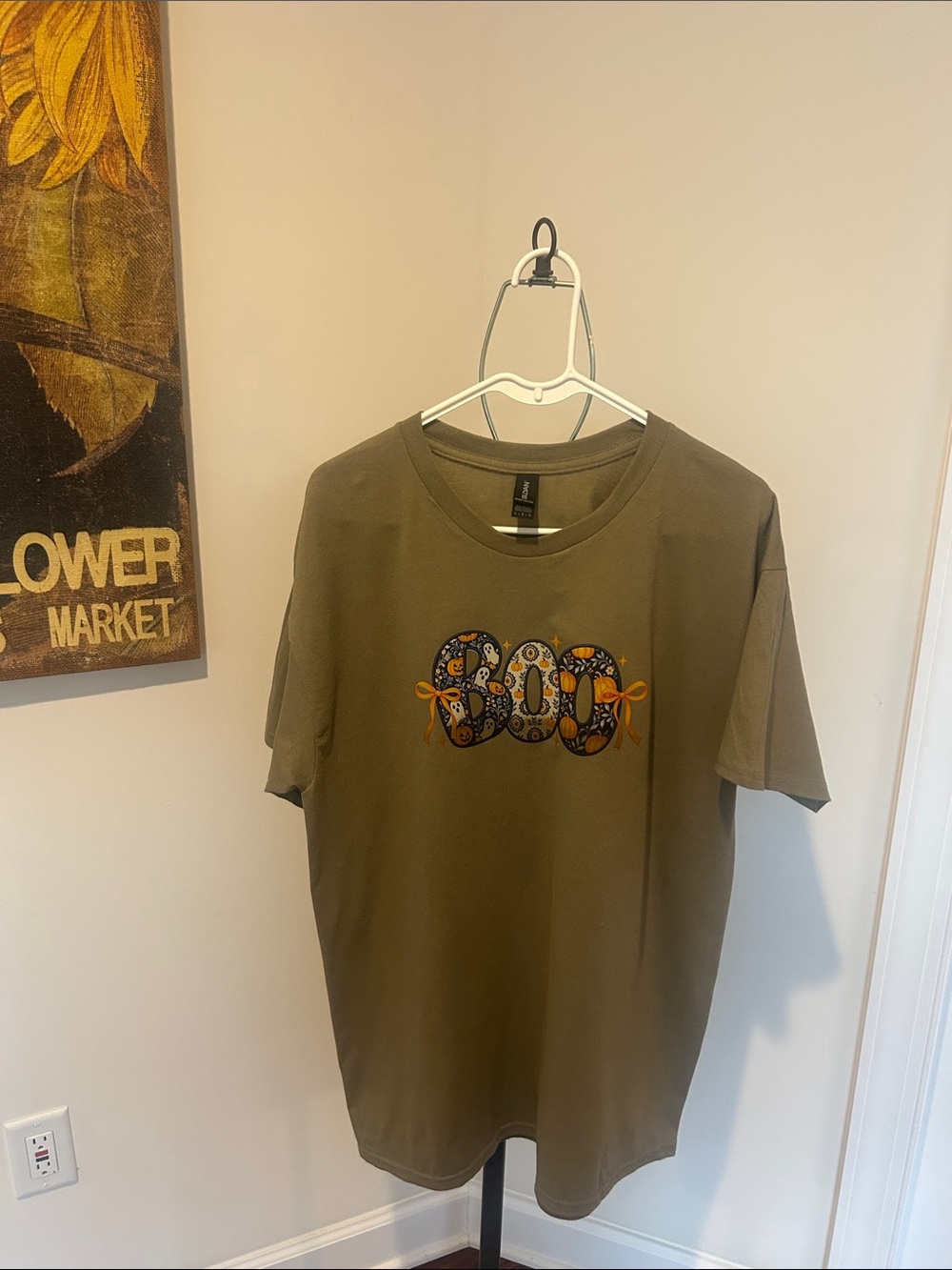 Gildan Olive Graphic Tee with Boo Halloween Print NWOT